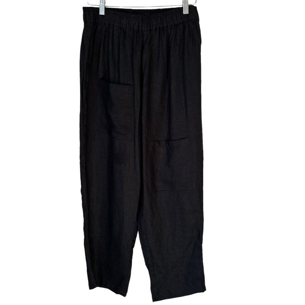 Modernmiss Linen Wide Leg High Rise Pull On Pants Lagenlook Off Set Pockets
